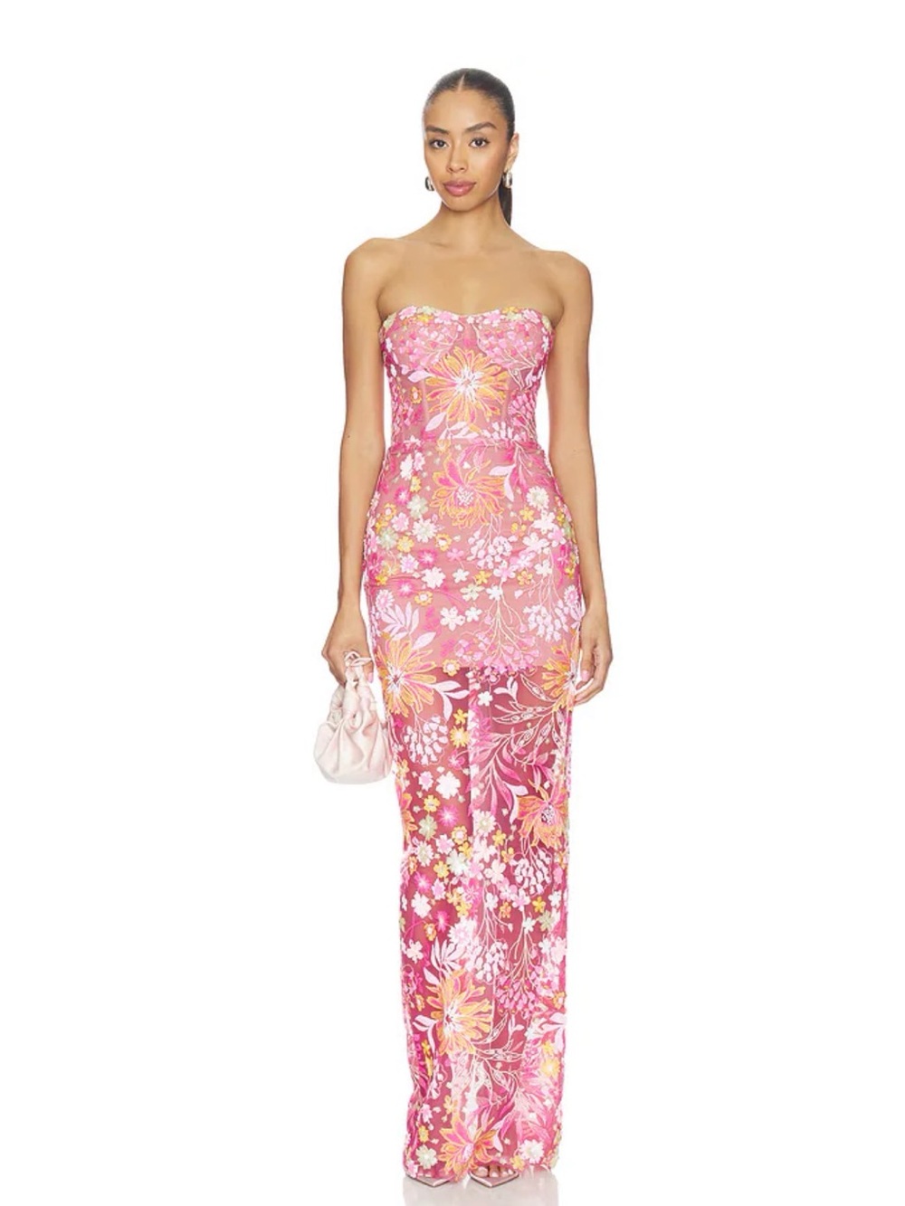 NWOT BRONX AND BANCO Mallorca Sequin Dahlia Strapless Maxi Dress in Pink Multi